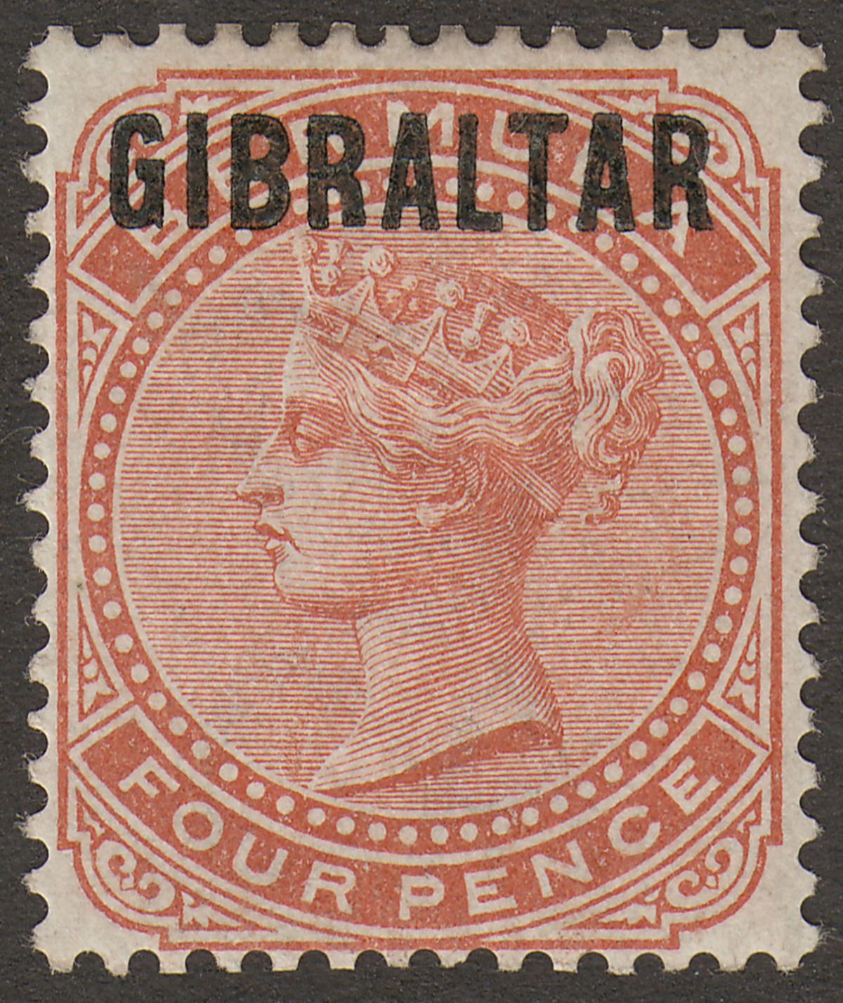 Gibraltar 1886 QV Overprint on Bermuda 4d Orange-Brown Mint SG5 cat £190