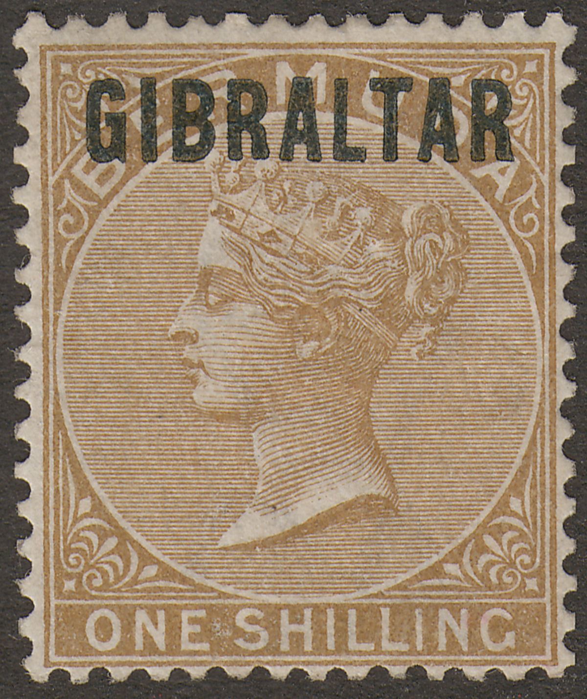 Gibraltar 1886 QV Overprint on Bermuda 1sh Yellow-Brown Mint SG7 cat £450