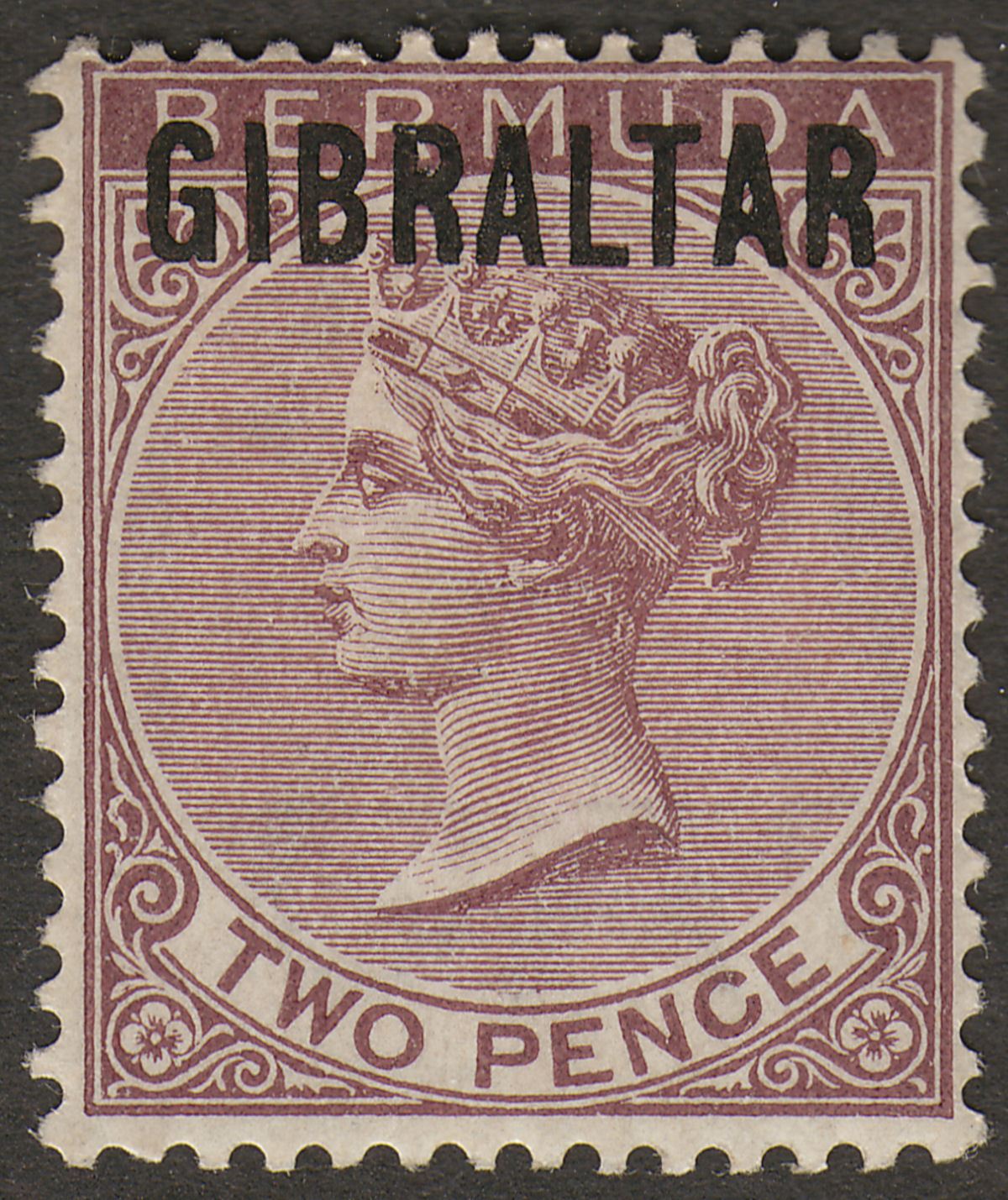 Gibraltar 1886 QV Overprint on Bermuda 2d Purple-Brown Mint SG3 cat £140