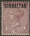 Click for more photos and details Gibraltar 1886 QV Overprint on Bermuda 2d Purple-Brown Mint SG3 cat £140