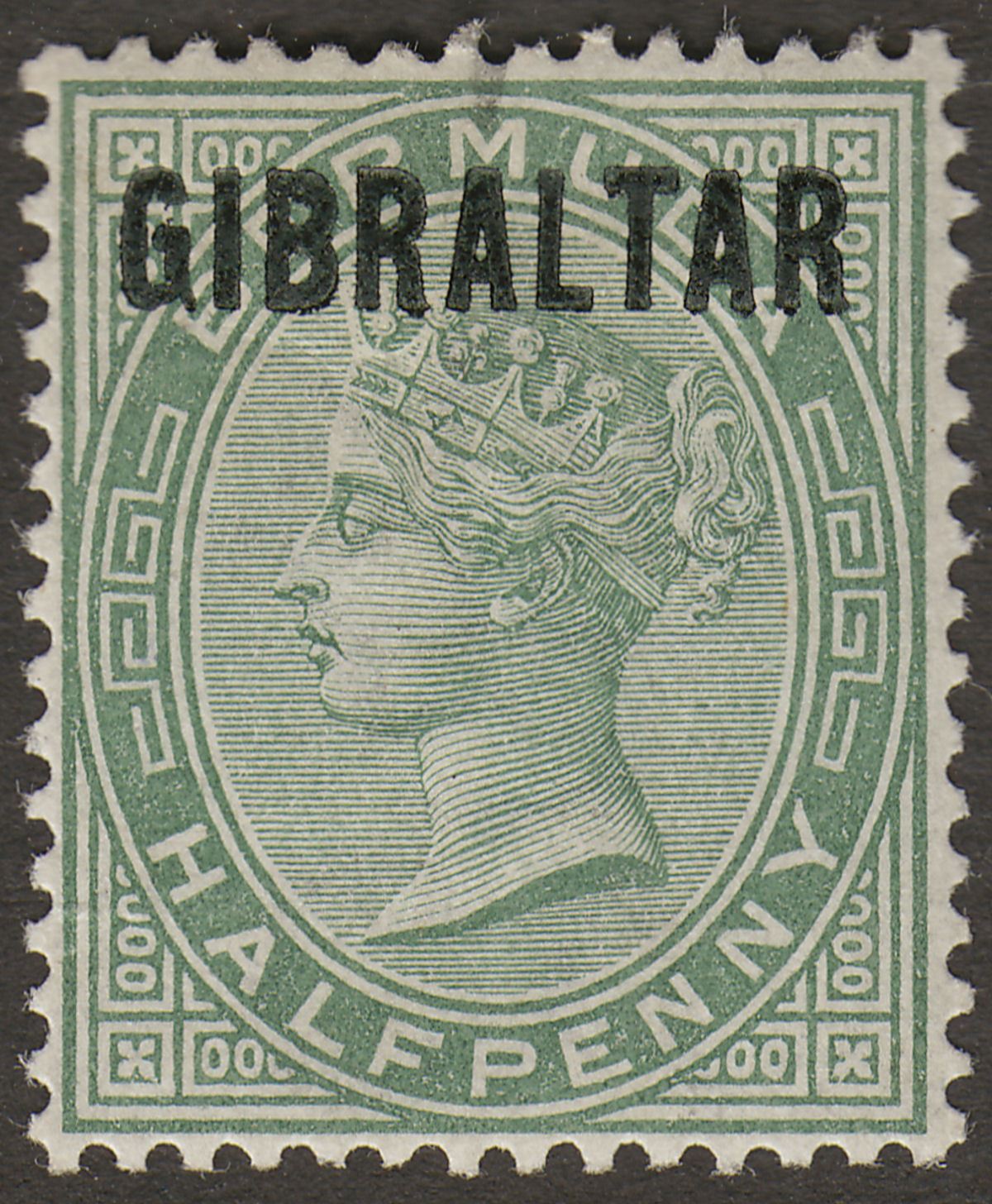 Gibraltar 1886 QV Overprint on Bermuda ½d Dull Green Mint SG1 cat £23 with mark
