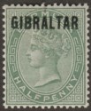 Click for more photos and details Gibraltar 1886 QV Overprint on Bermuda ½d Dull Green Mint SG1 cat £23 with mark