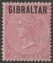 Click for more photos and details Gibraltar 1886 QV Overprint on Bermuda 1d Rose-Red Unused SG2 faded spacefiller