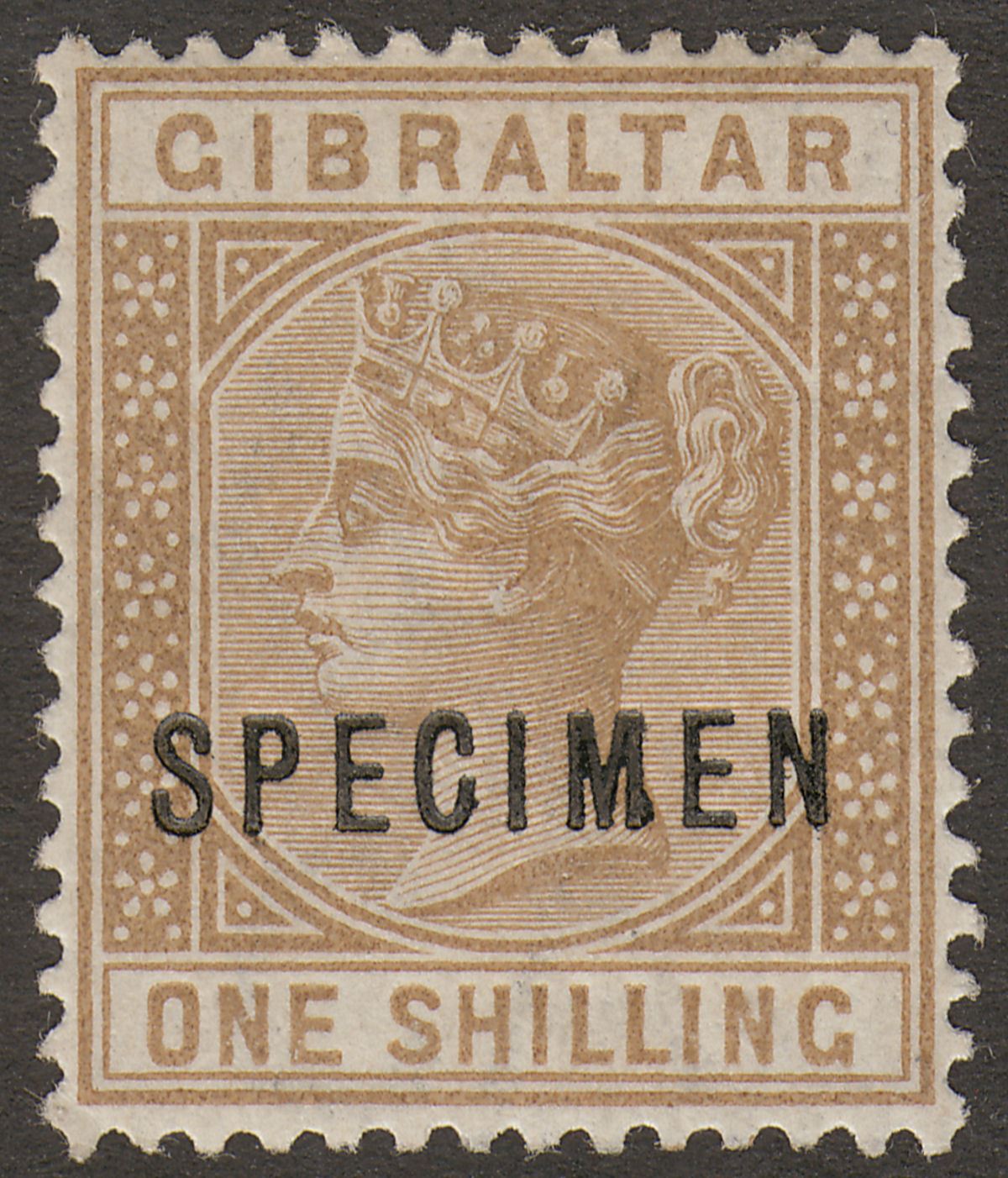 Gibraltar 1887 QV 1sh Bistre SPECIMEN overprint SG14s cat £250 as mint