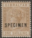 Click for more photos and details Gibraltar 1887 QV 1sh Bistre SPECIMEN overprint SG14s cat £250 as mint