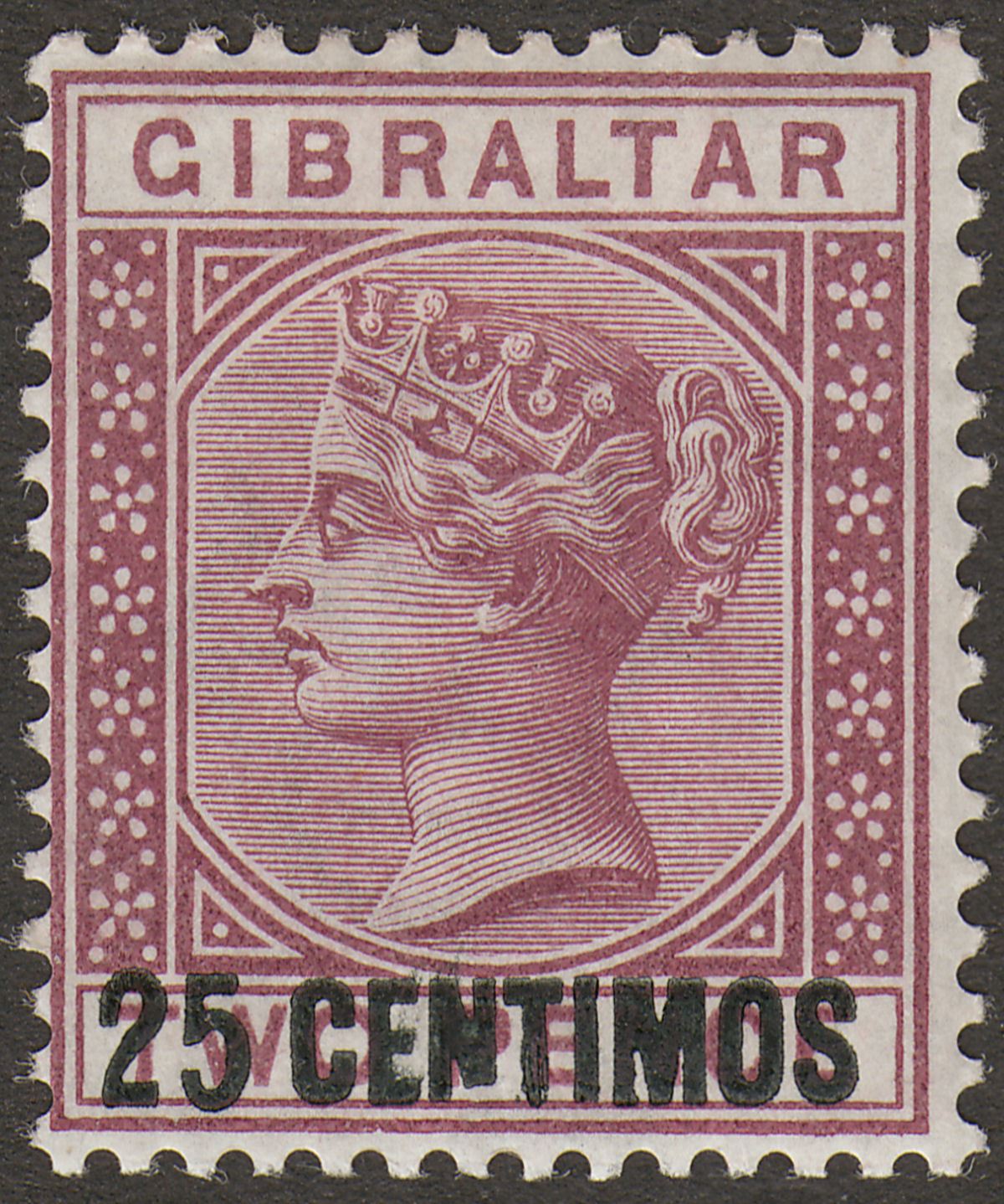 Gibraltar 1889 QV 25c Surch on 2d Brown-Purple Variety Broken N Mint SG17b c£100