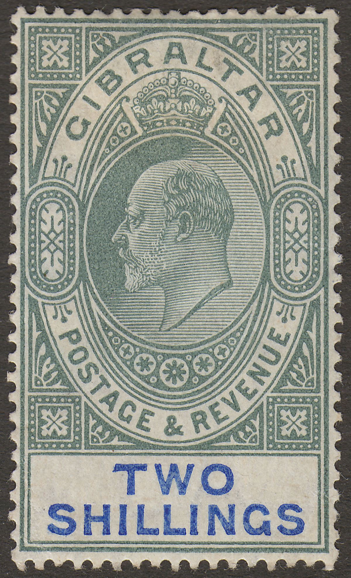 Gibraltar 1907 KEVII 2sh Green and Blue Ordinary Mint SG62 cat £120