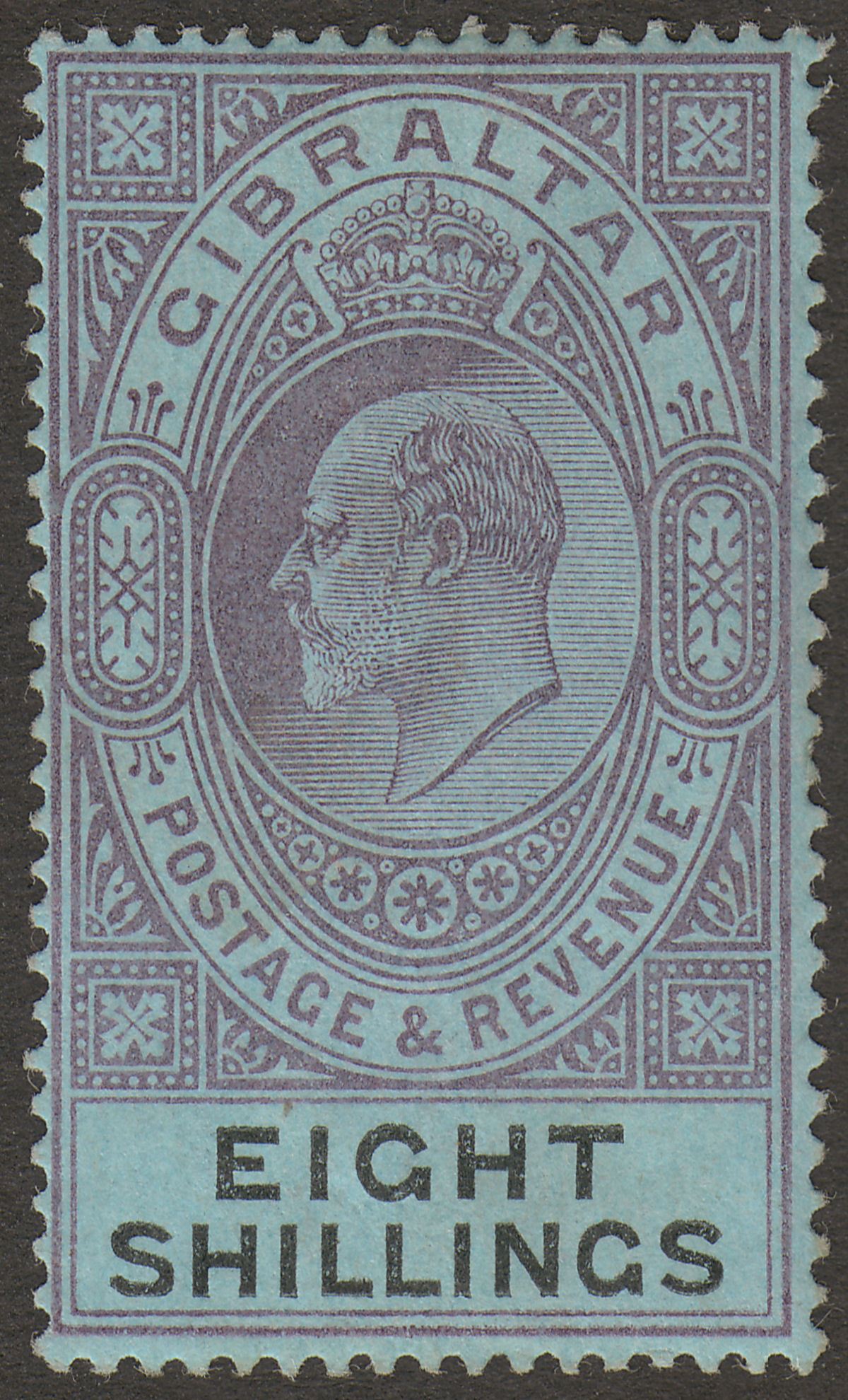 Gibraltar 1903 KEVII 8sh Dull Purple and Black on Blue Mint SG54 cat £170