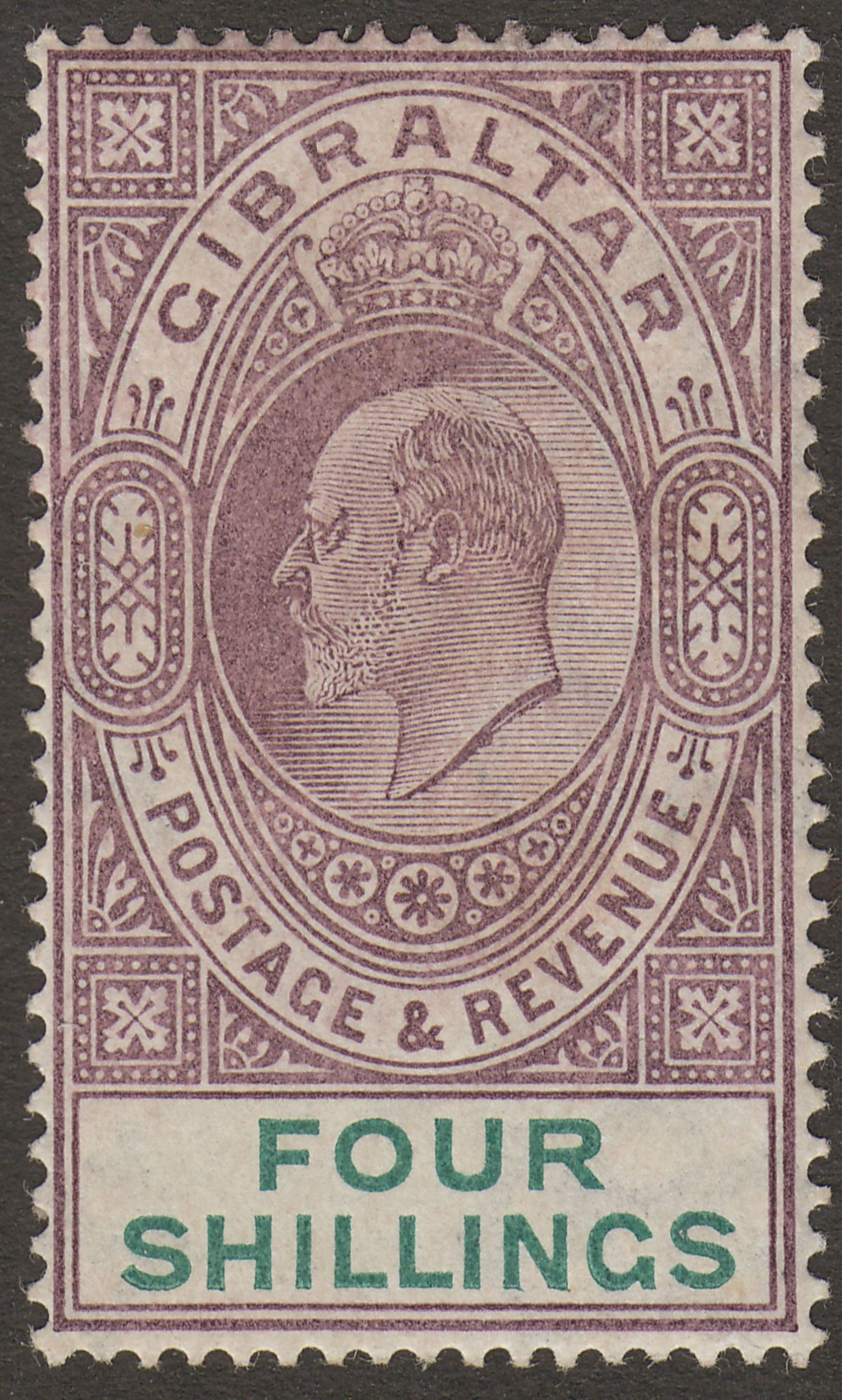 Gibraltar 1903 KEVII 4sh Dull Purple and Green Mint SG53 cat £150 w small thin