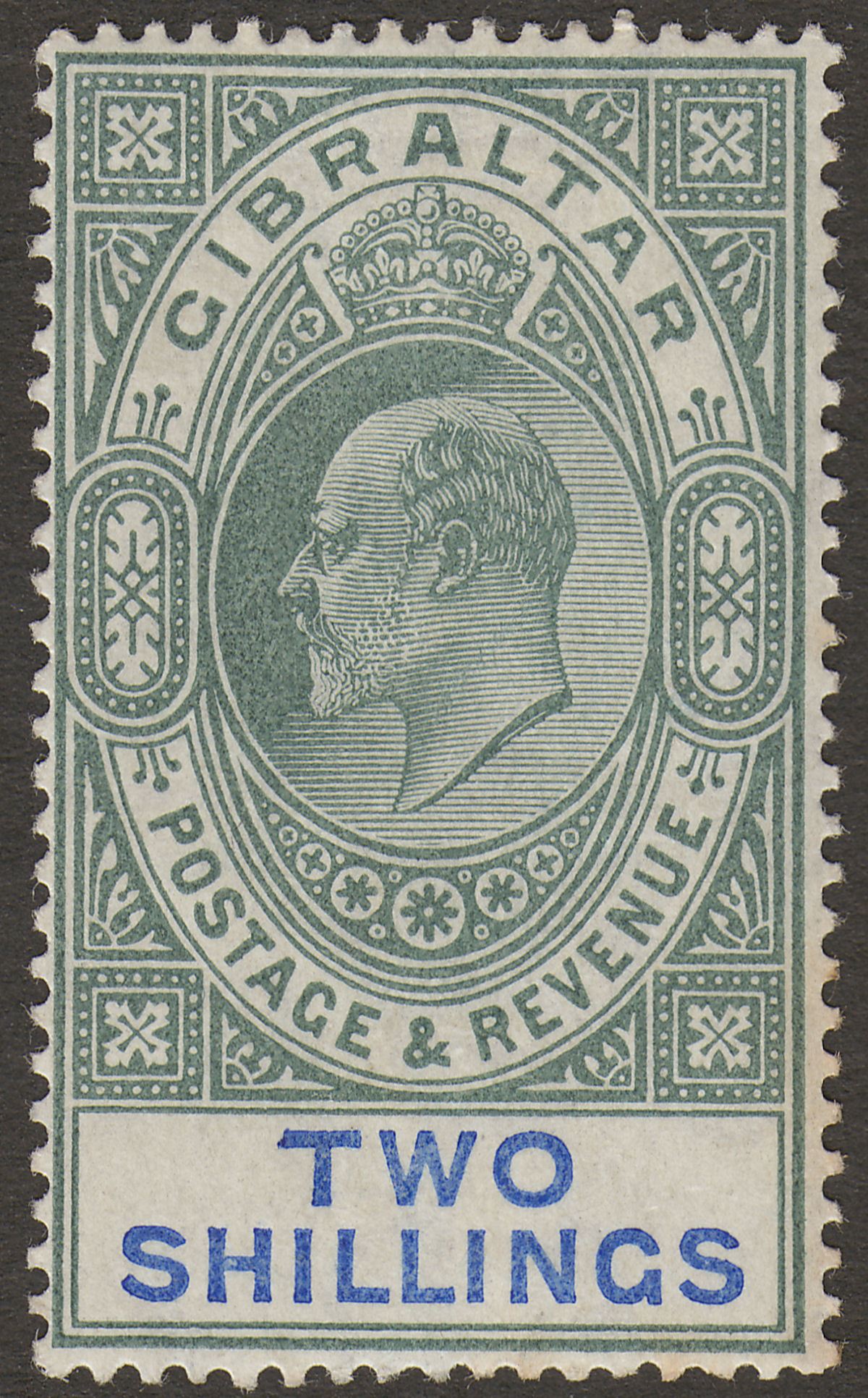 Gibraltar 1907 KEVII 2sh Green and Blue Chalky Mint SG62a cat £120 with tones
