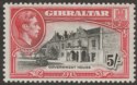 Click for more photos and details Gibraltar 1944 KGVI 5sh Black and Carmine Perf 13 Mint SG129b cat £42 slight oxi