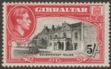 Click for more photos and details Gibraltar 1938 KGVI 5sh Black and Carmine Perf 13½ Mint SG129a cat £50
