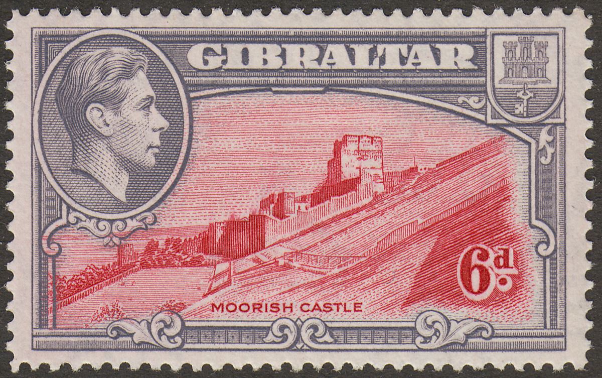 Gibraltar 1938 KGVI 6d Carmine and Grey-Violet Perf 14 Mint SG126a cat £120