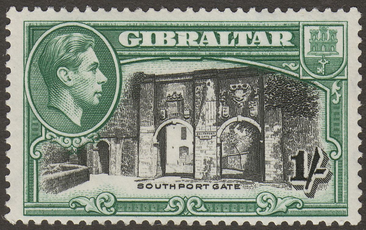 Gibraltar 1938 KGVI 1sh Black and Green Perf 13½ Mint SG127a cat £75