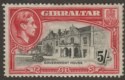 Click for more photos and details Gibraltar 1938 KGVI 5sh Black and Carmine Perf 14 Mint SG129 cat £100 FAULTS