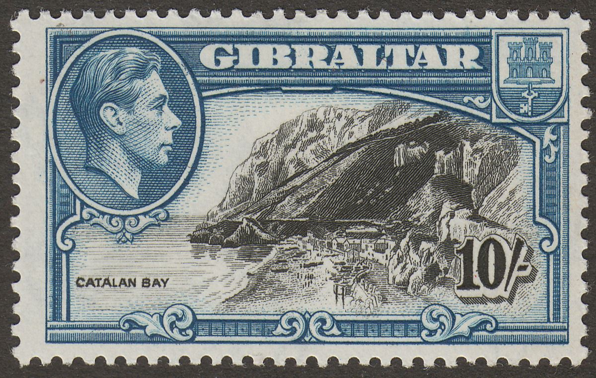 Gibraltar 1943 KGVI 10sh Black and Blue Perf 13 Mint SG130a cat £42