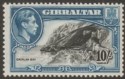 Click for more photos and details Gibraltar 1943 KGVI 10sh Black and Blue Perf 13 Mint SG130a cat £42