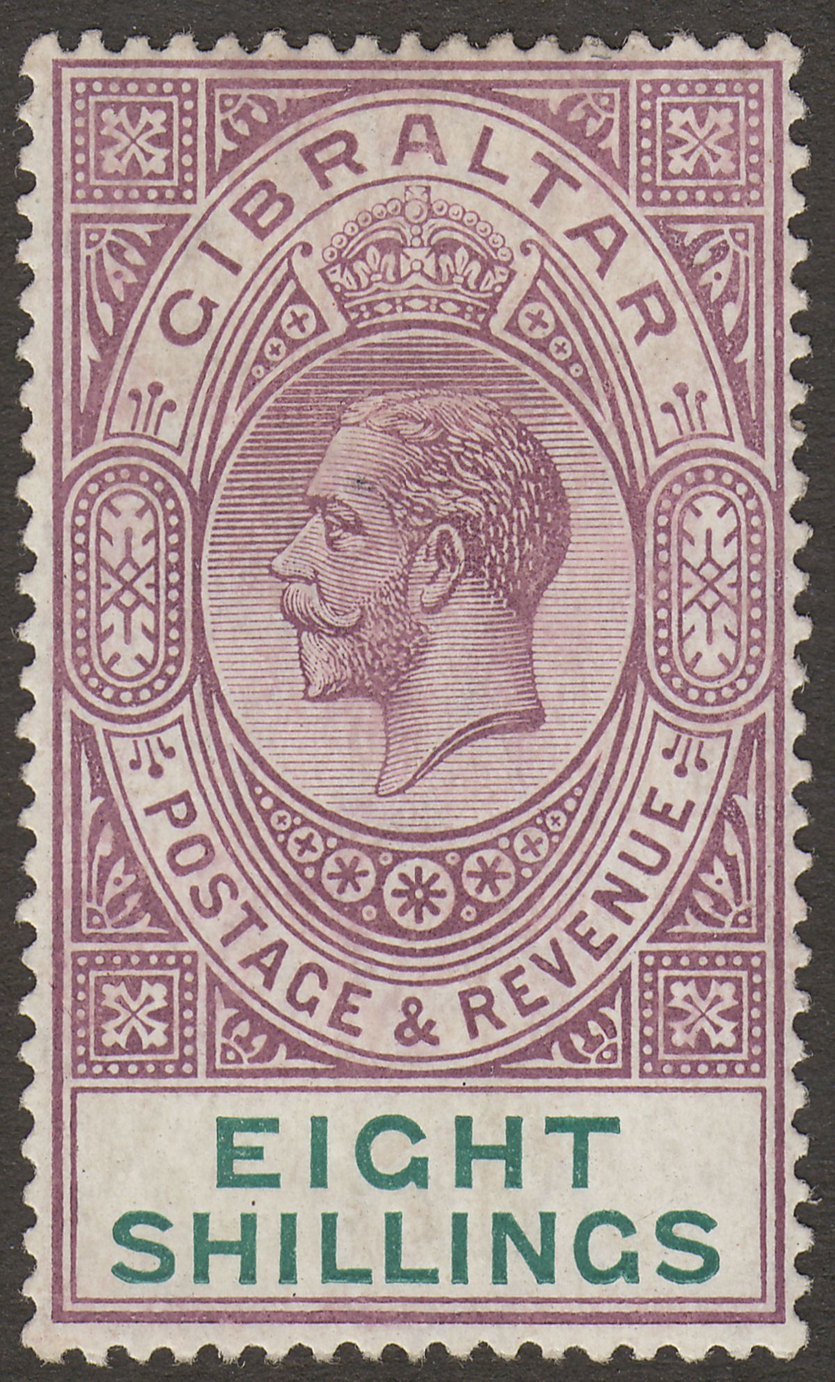 Gibraltar 1912 KGV 8sh Dull Purple and Green Mint SG84 cat £100