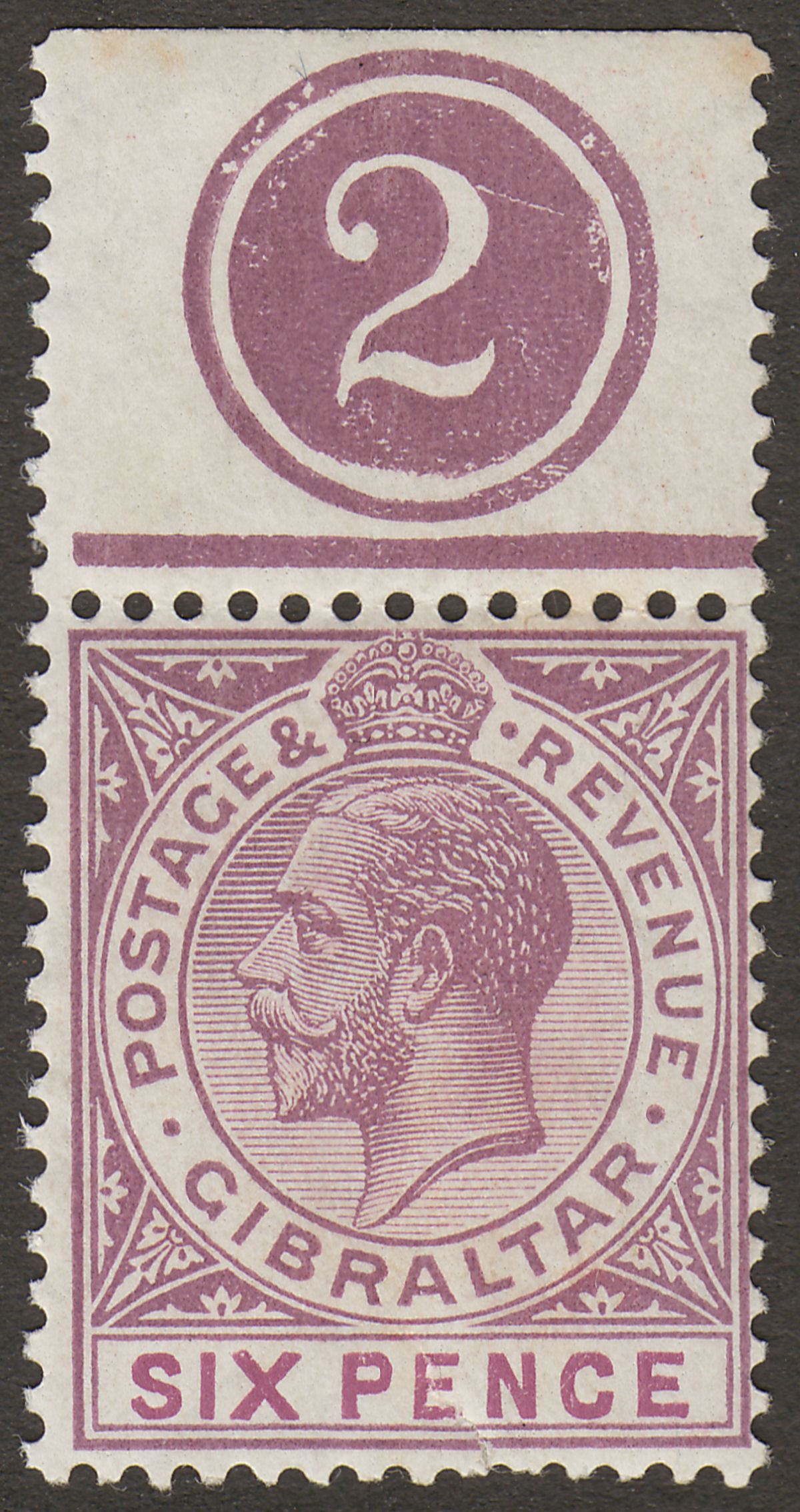 Gibraltar 1923 KGV 6d Dull Purple and Mauve Plate 2 Marginal Mint SG97 with tear