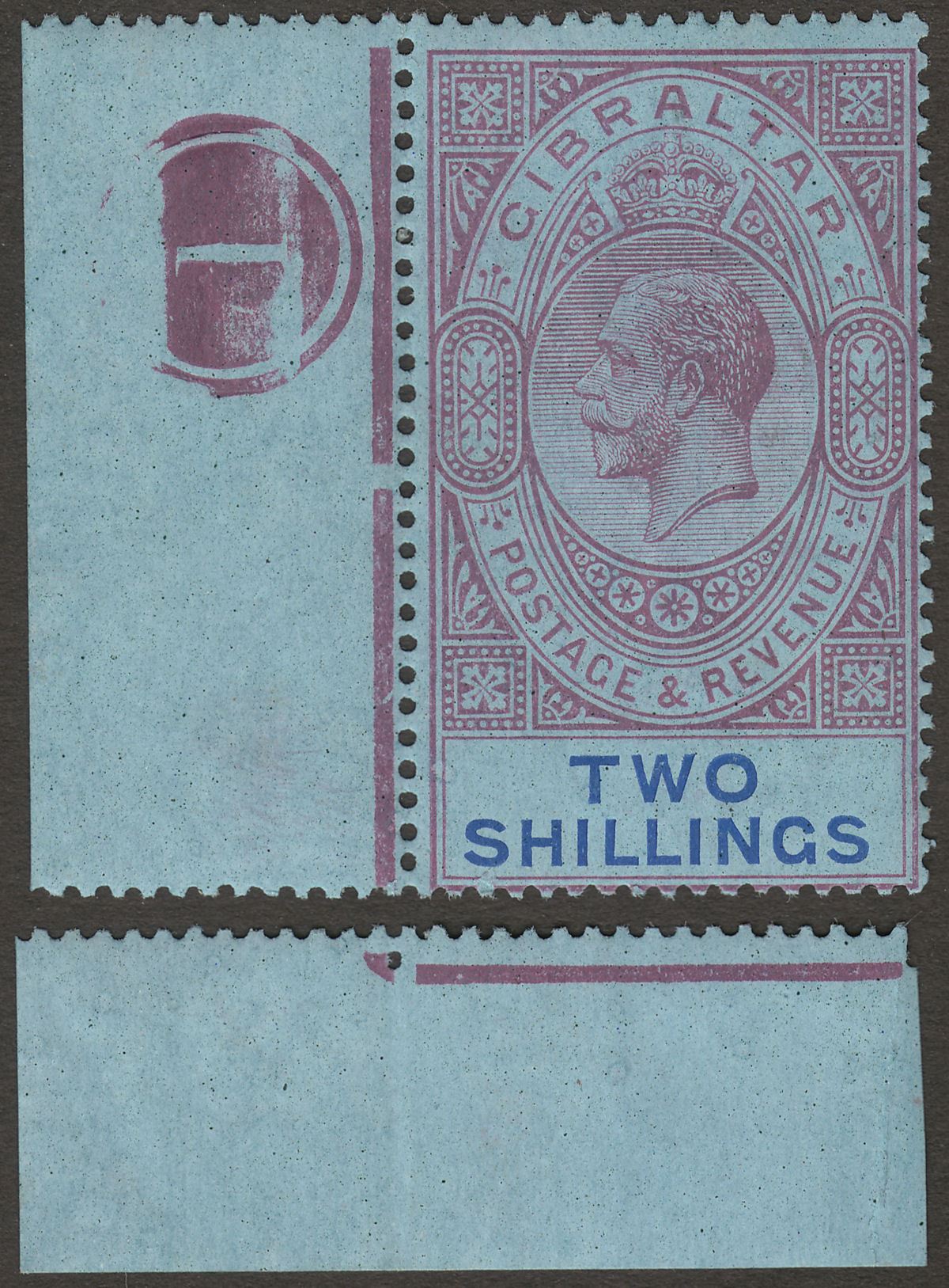 Gibraltar 1925 KGV 2sh Reddish Purple and Blue Plate 1 Marginal Mint SG99a