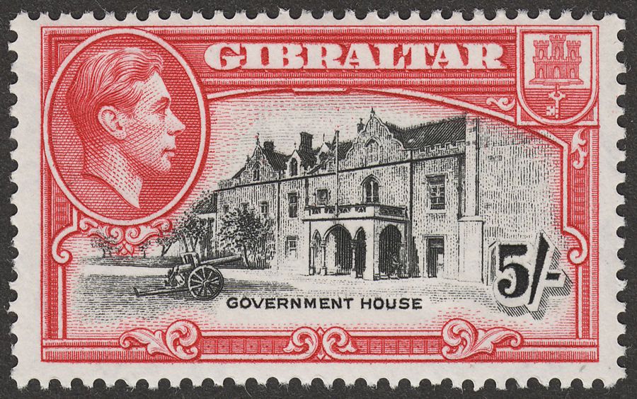 Gibraltar 1938 KGVI 5sh Black and Carmine Perf 13½ Mint SG129a