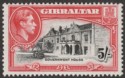 Click for more photos and details Gibraltar 1938 KGVI 5sh Black and Carmine Perf 13½ Mint SG129a