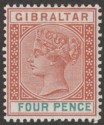 Click for more photos and details Gibraltar 1898 QV 4d Orange-Brown and Green Mint SG43