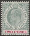 Click for more photos and details Gibraltar 1903 KEVII 2d Grey-Green and Carmine Mint SG48