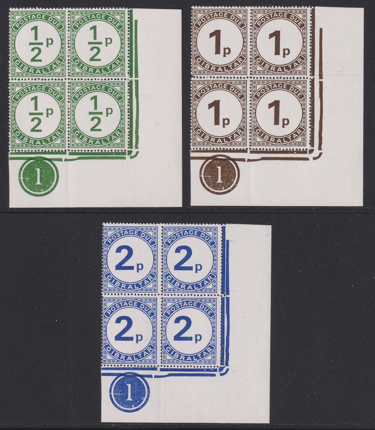 Gibraltar QEII 1971 Postage Due Plate 1 Block Set Mint SG D4-D6