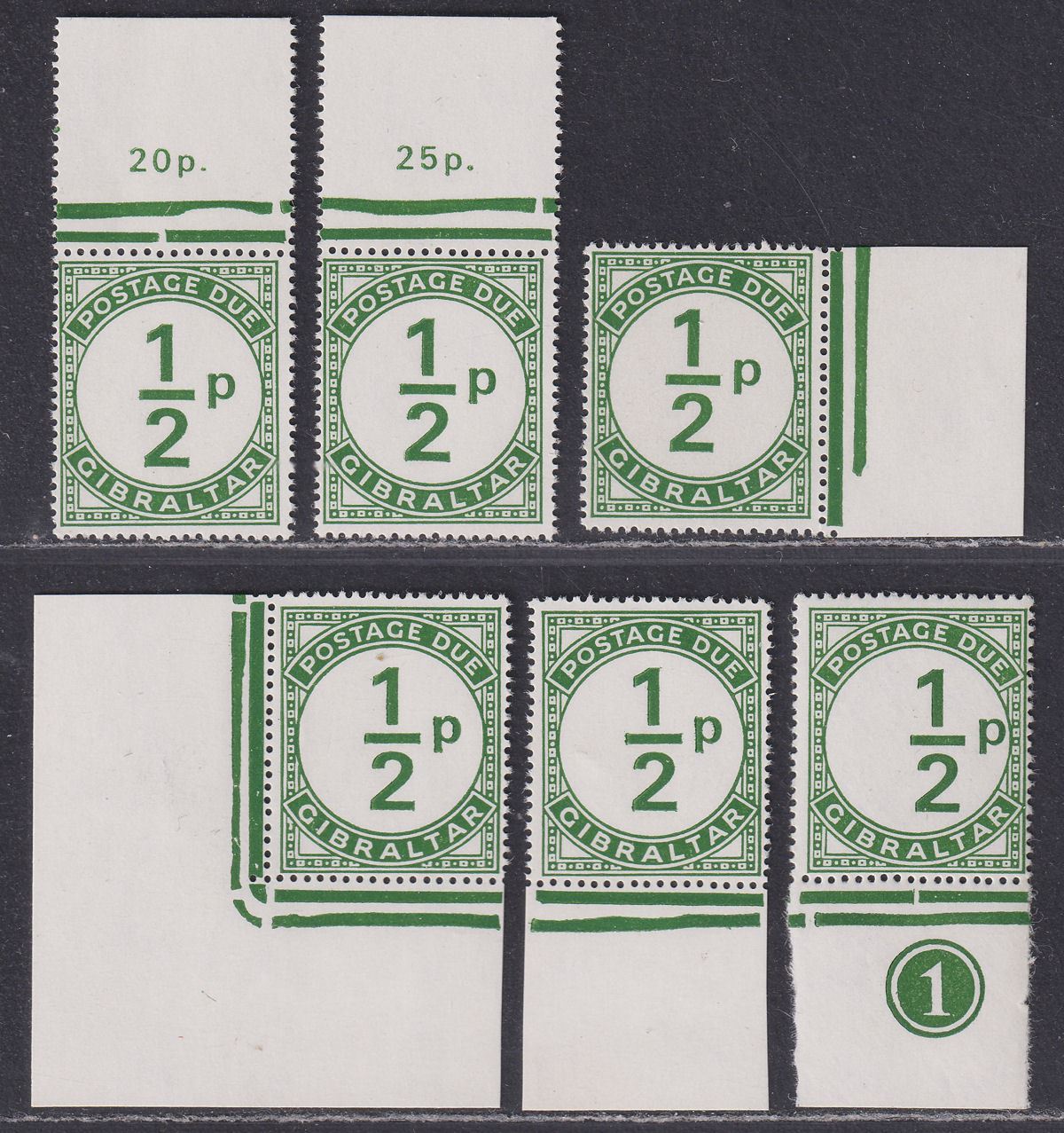 Gibraltar QEII 1971 Postage Due ½p Green Selectn inc Misplaced UM Mint SG D4 MNH