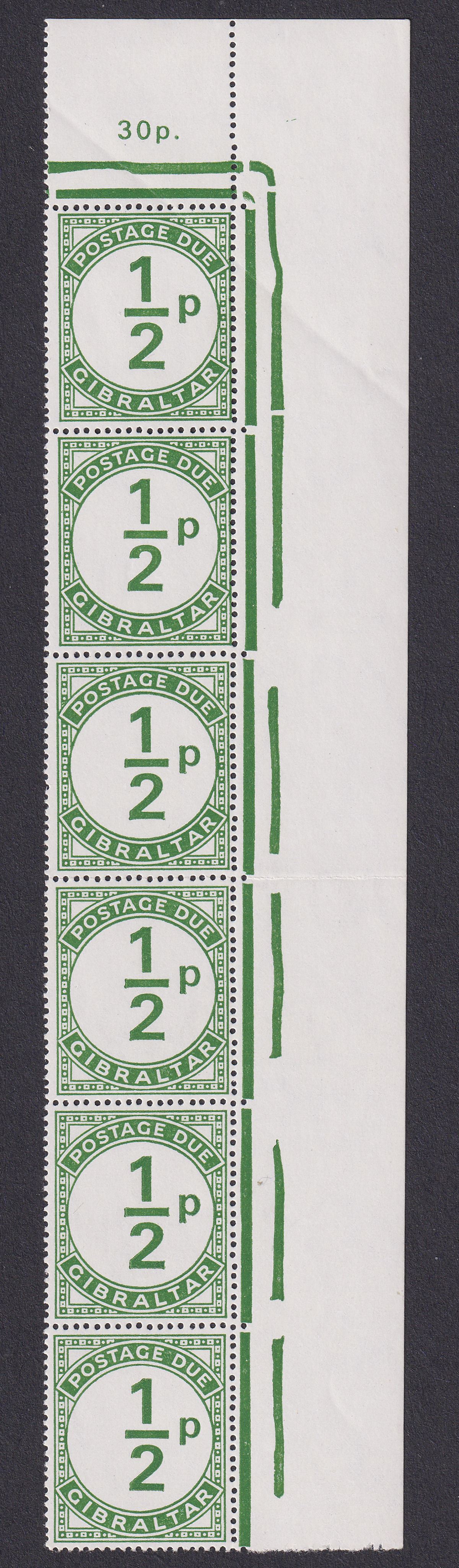 Gibraltar QEII 1971 Postage Due ½p Misplaced Value Strip of 6 UM Mint SG D4 MNH