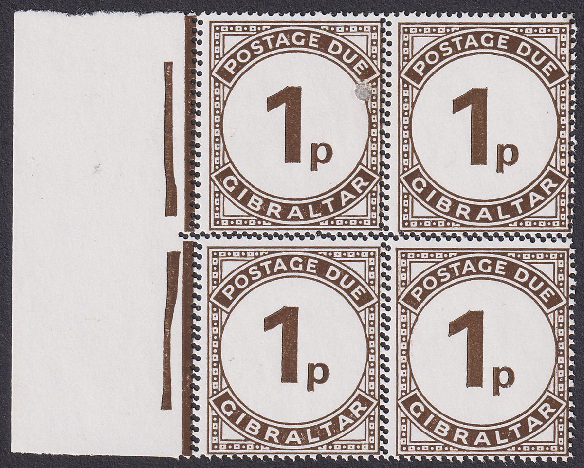 Gibraltar QEII 1971 Postage Due 1p Doubly Perfed Block of 4 UM Mint SG D5 MNH