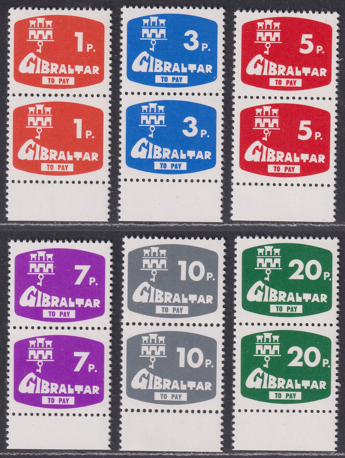 Gibraltar QEII 1976 Postage Due Pairs Set UM Mint SG D7-D12 MNH