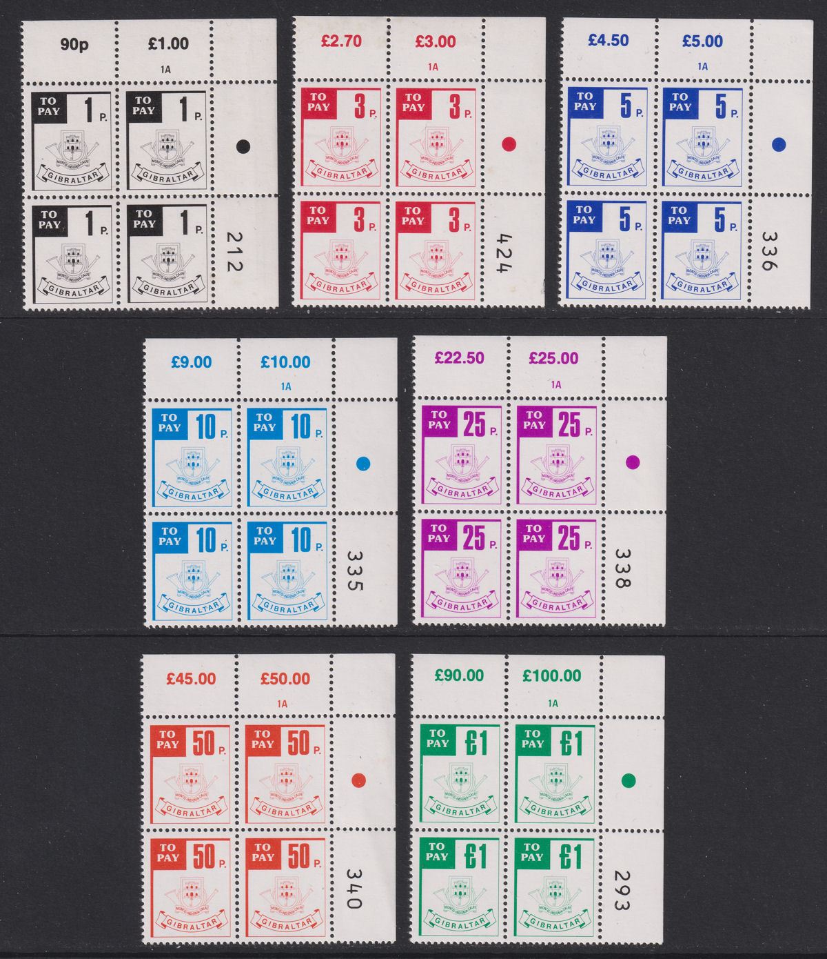 Gibraltar QEII 1984 Postage Due Block Set UM Mint SG D13-D19 MNH