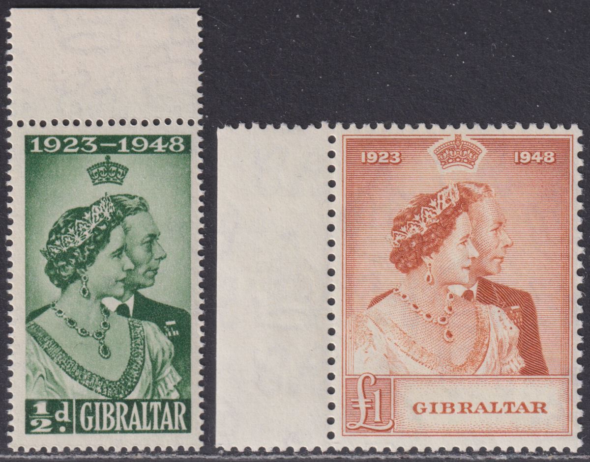 Gibraltar 1948 KGVI Royal Silver Wedding ½d, £1 UM Mint SG134-135 cat £60 RSW