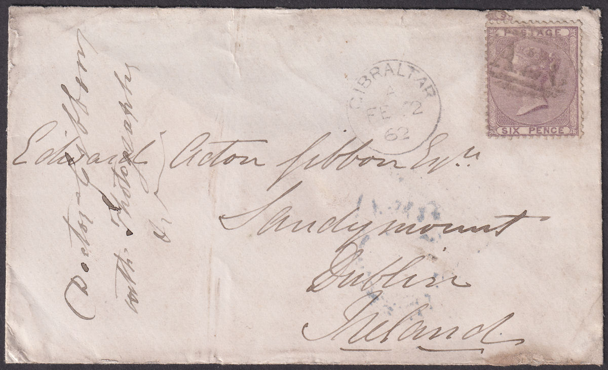 GB used Gibraltar 1862 QV 6d Used on Cover to Ireland with A26 Postmark SG Z42
