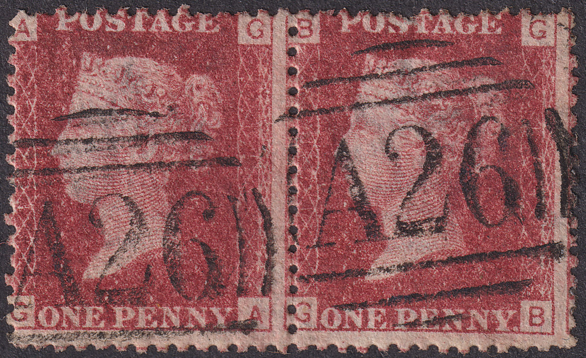 GB used Gibraltar 1864 QV 1d Plate 108 Pair Used with A26 Postmarks SG Z19