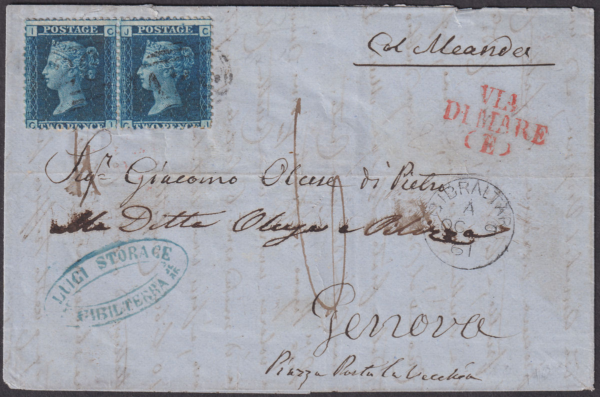 GB used Gibraltar 1861 QV 2d x2 Used on Ship Entire to Genova w A26 Pmk SG Z22