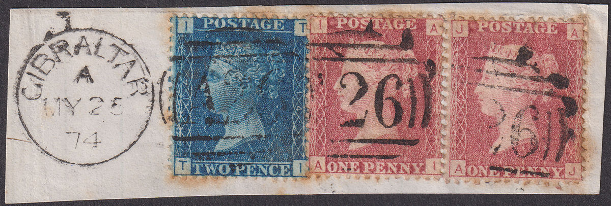 GB used Gibraltar 1874 QV 2d, 1d x2 Used Piece with A26 Postmarks SG Z22 SG Z19