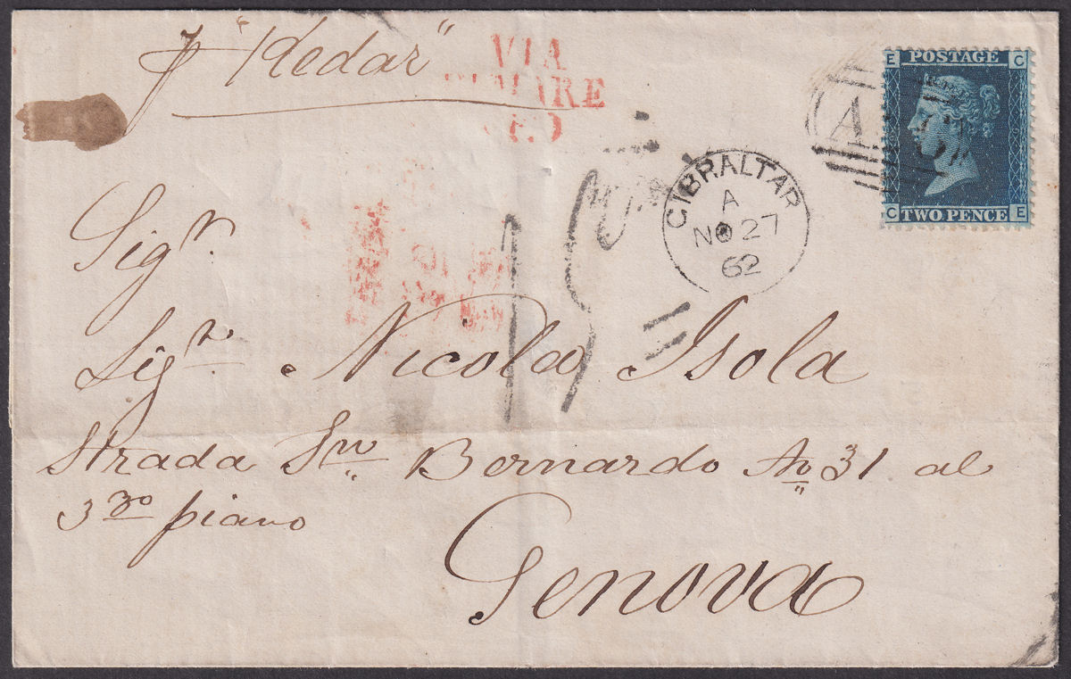 GB used Gibraltar 1862 QV 2d Used on Ship Cover to Genova w A26 Pmk SG Z22