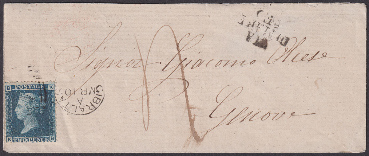 GB used Gibraltar 1868 QV 2d Used on Ship Cover to Genova w A26 Pmk SG Z22