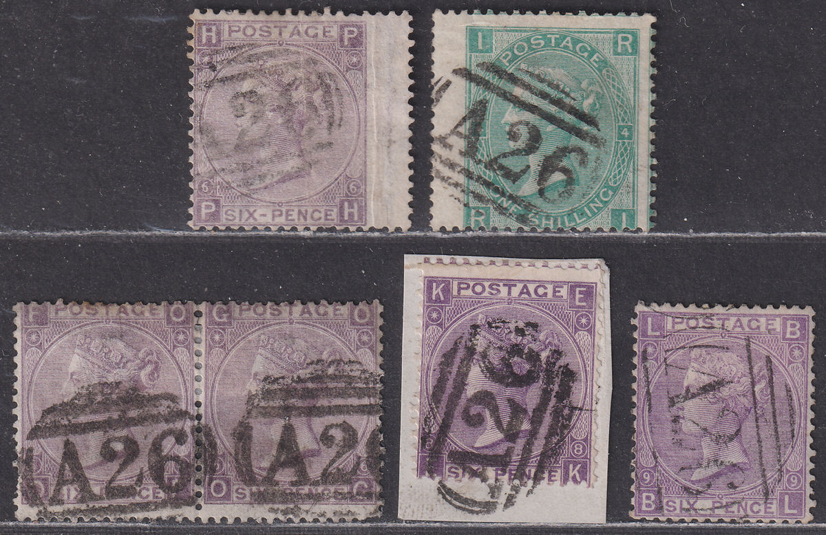 GB used Gibraltar 1867 QV 6d, 1sh Plate Selection Used with A26 Postmarks