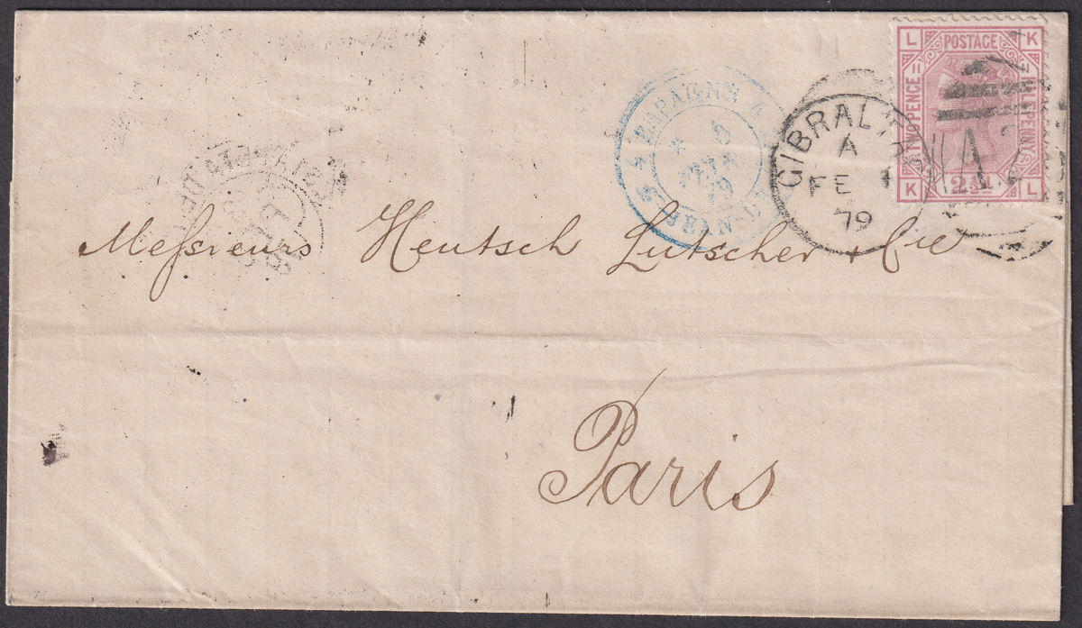 GB used Gibraltar 1879 QV 2½d Used on Cover to Paris w A26 Pmk SG Z26