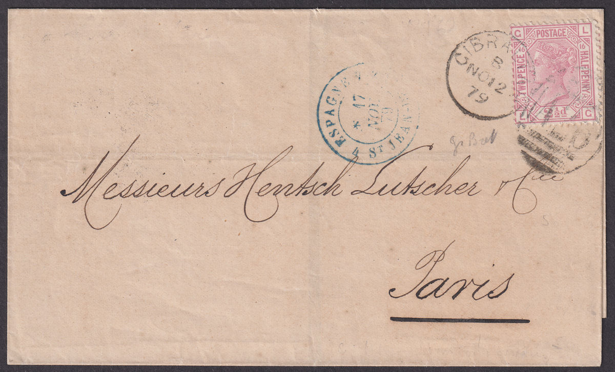 GB used Gibraltar 1879 QV 2½d Used on Cover to Paris w A26 Pmk SG Z26