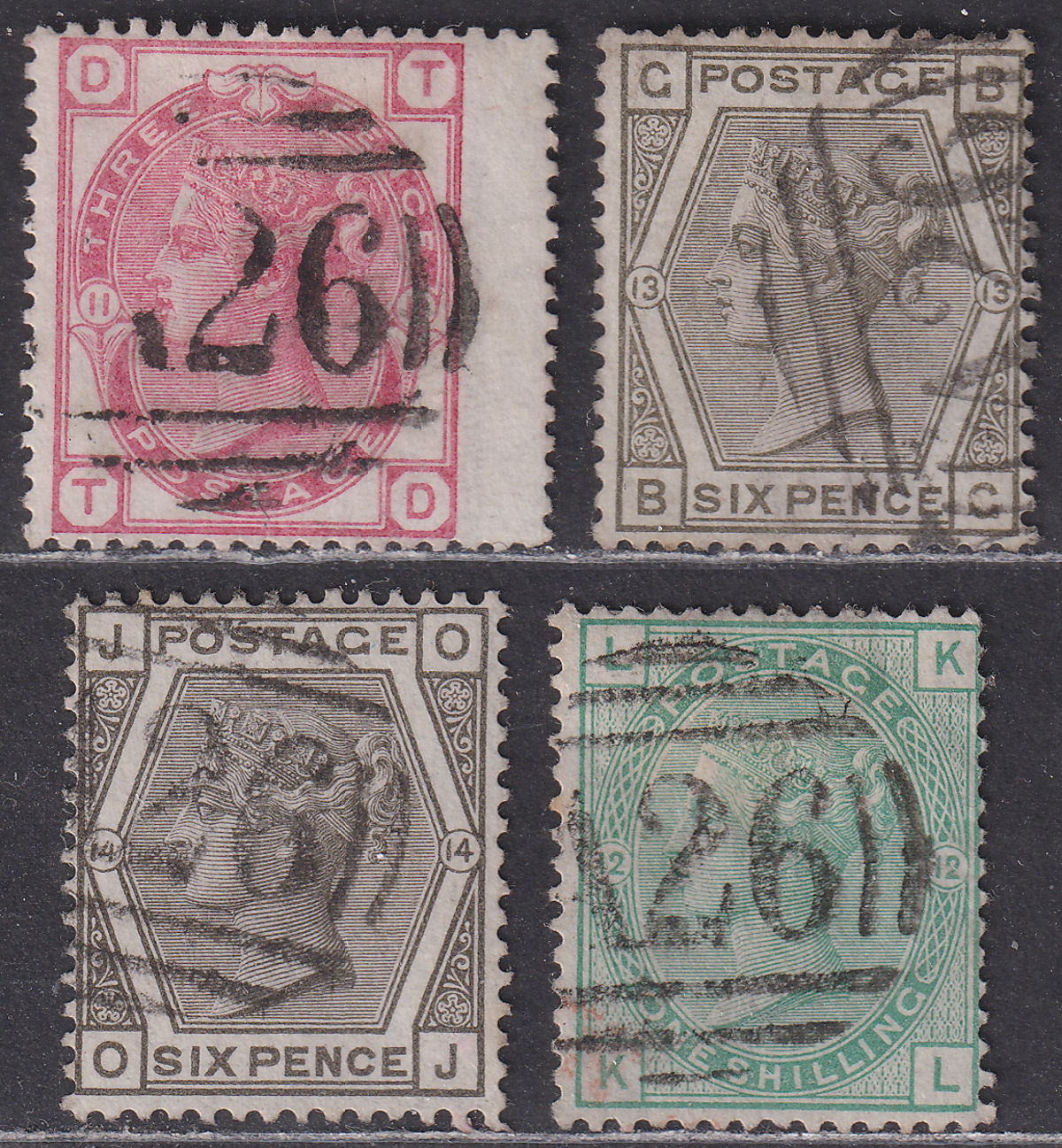GB used Gibraltar 1873-80 QV 3d, 6d x2, 1sh Used w A26 Postmarks SG Z32 Z50 Z64