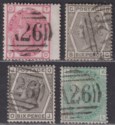 Click for more photos and details GB used Gibraltar 1873-80 QV 3d, 6d x2, 1sh Used w A26 Postmarks SG Z32 Z50 Z64