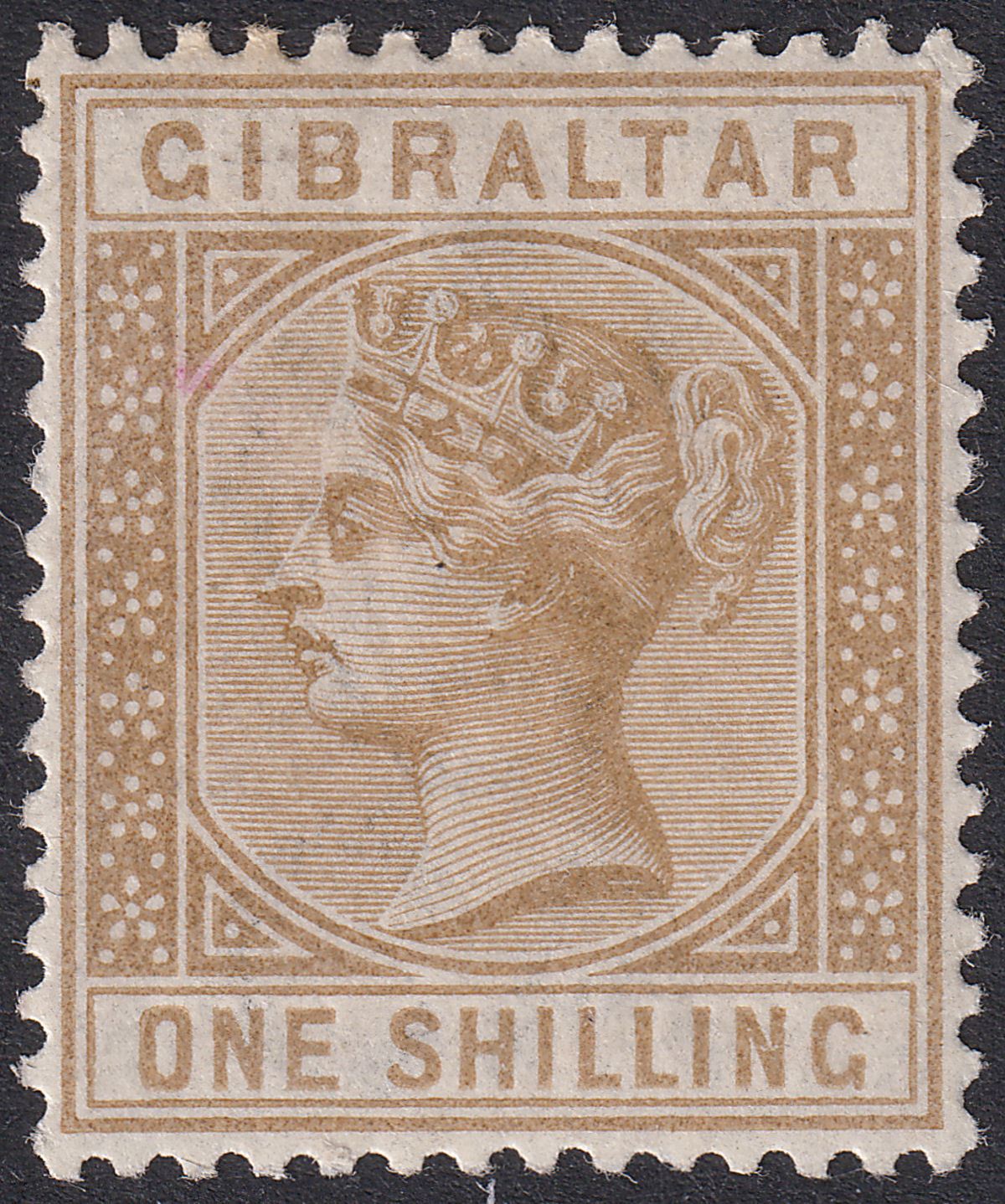 Gibraltar 1887 QV 1sh Bistre Mint SG14 cat £275 one toned perf