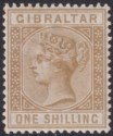 Click for more photos and details Gibraltar 1887 QV 1sh Bistre Mint SG14 cat £275 one toned perf