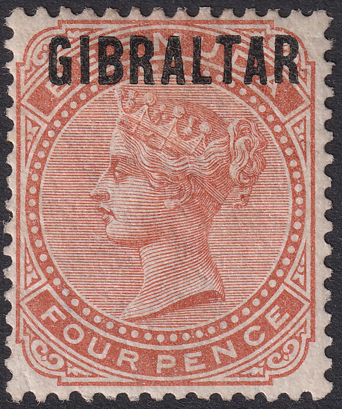 Gibraltar 1886 QV Overprint on Bermuda 4d Orange-Brown Mint SG5 cat £225