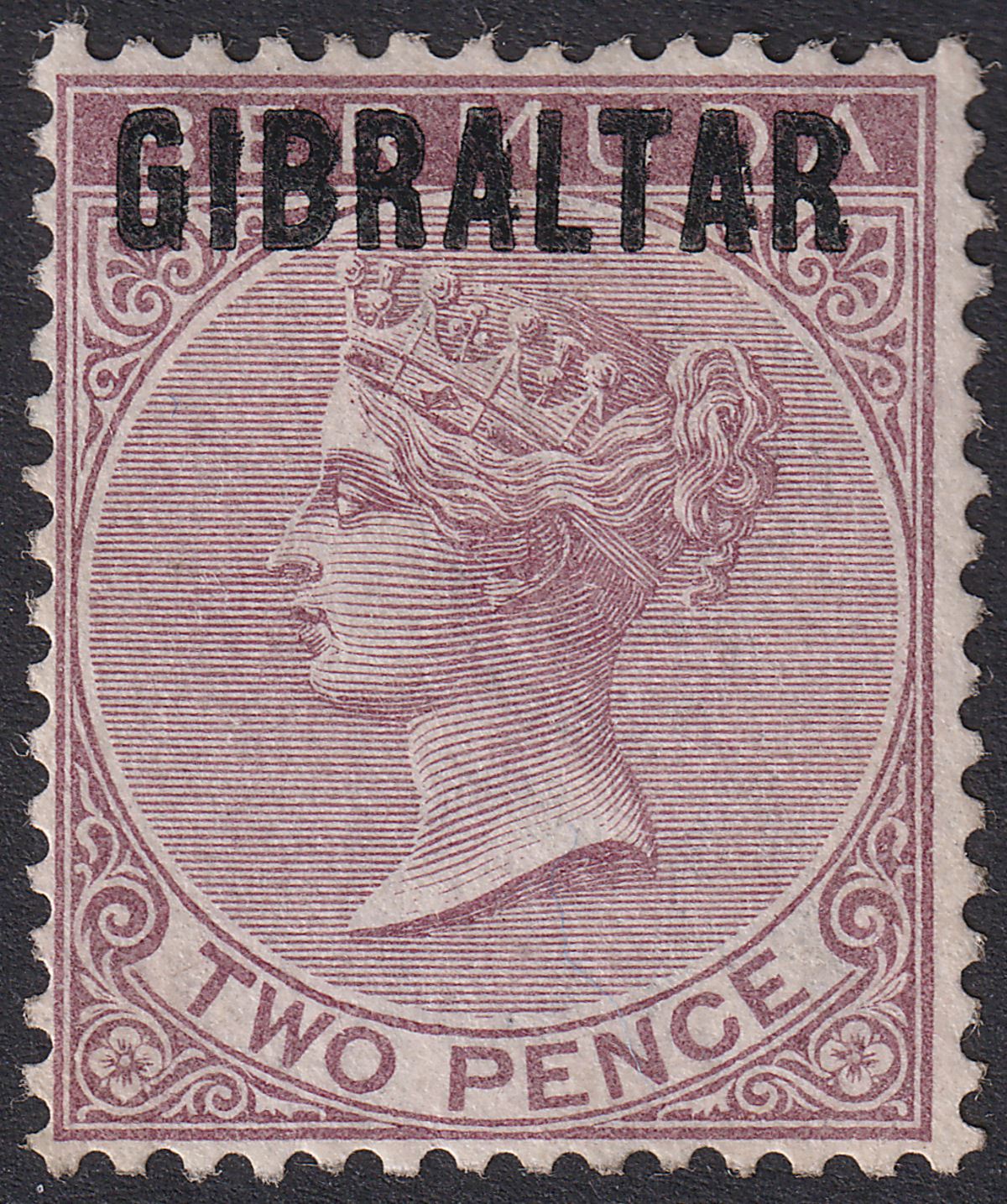 Gibraltar 1886 QV Overprint on Bermuda 2d Purple-Brown Mint SG3 cat £140